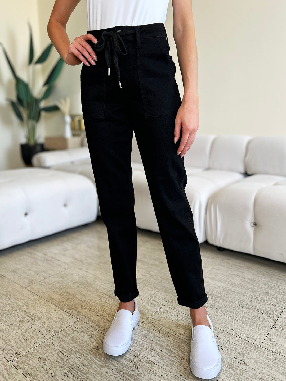 High Waist Double Roll Cuff Pants In Black