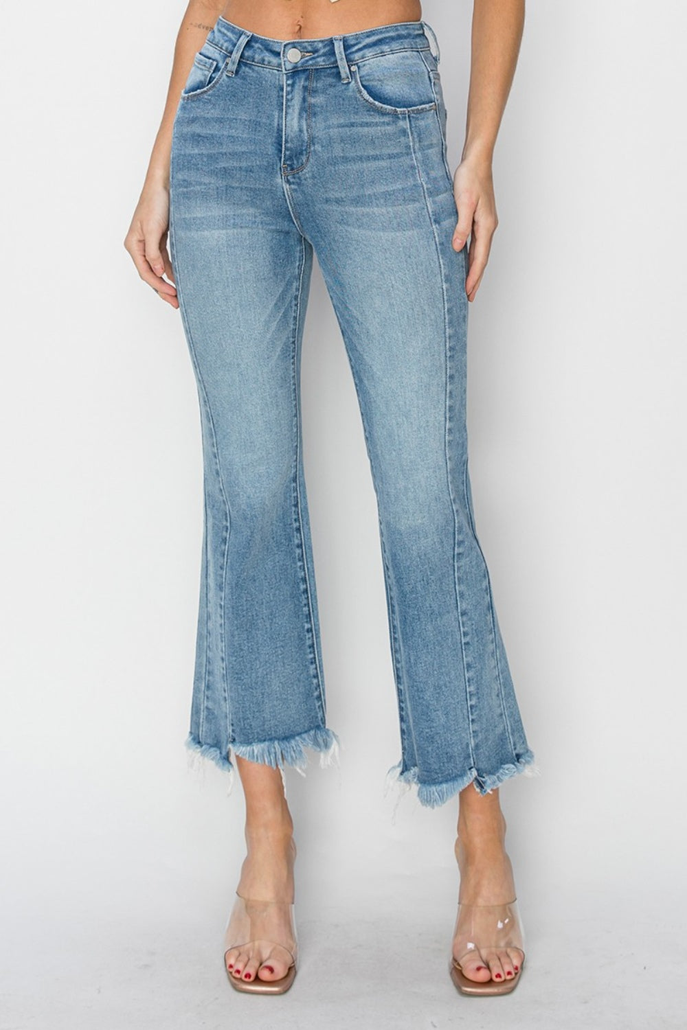 High Rise Frayed Hem Flare Jeans