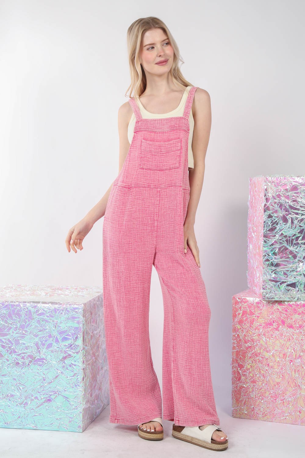 Washed Wide Leg Overalls In Hot Pink