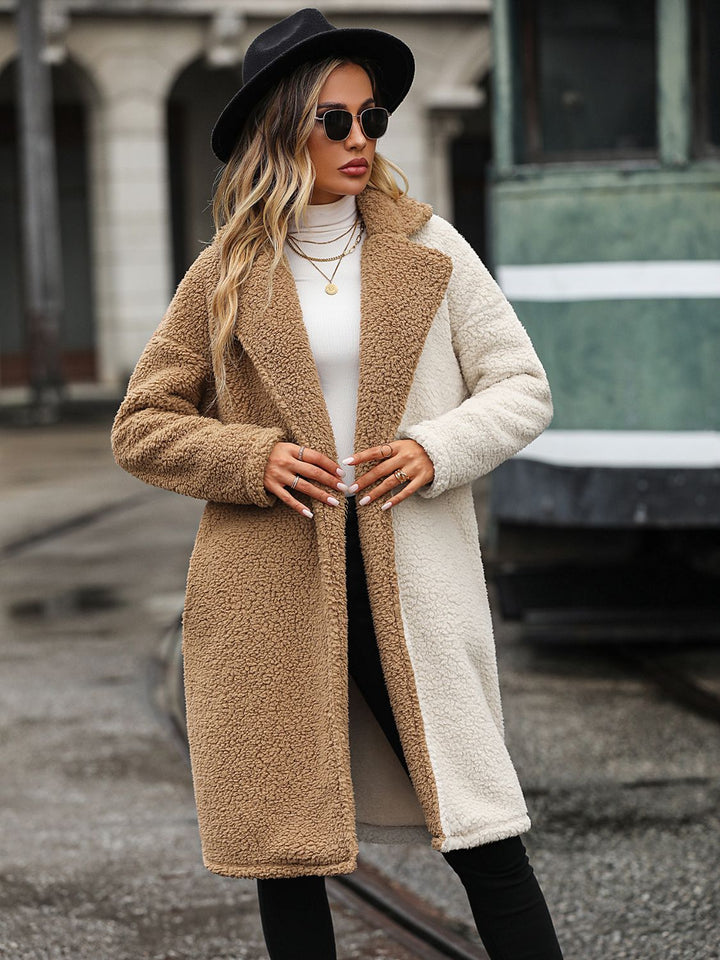 Contrast Dropped Shoulder Sherpa Coat in Camel