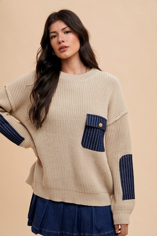 Contrast Sweater with Patch Pocket in Khaki