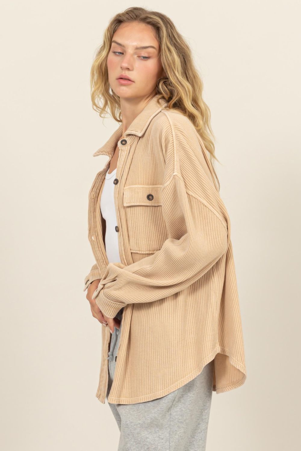 Waffle-Knit Button Up Shacket In Taupe