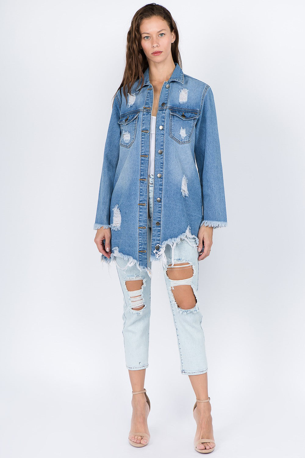 Distressed Frayed Hem Denim Jacket In Blue