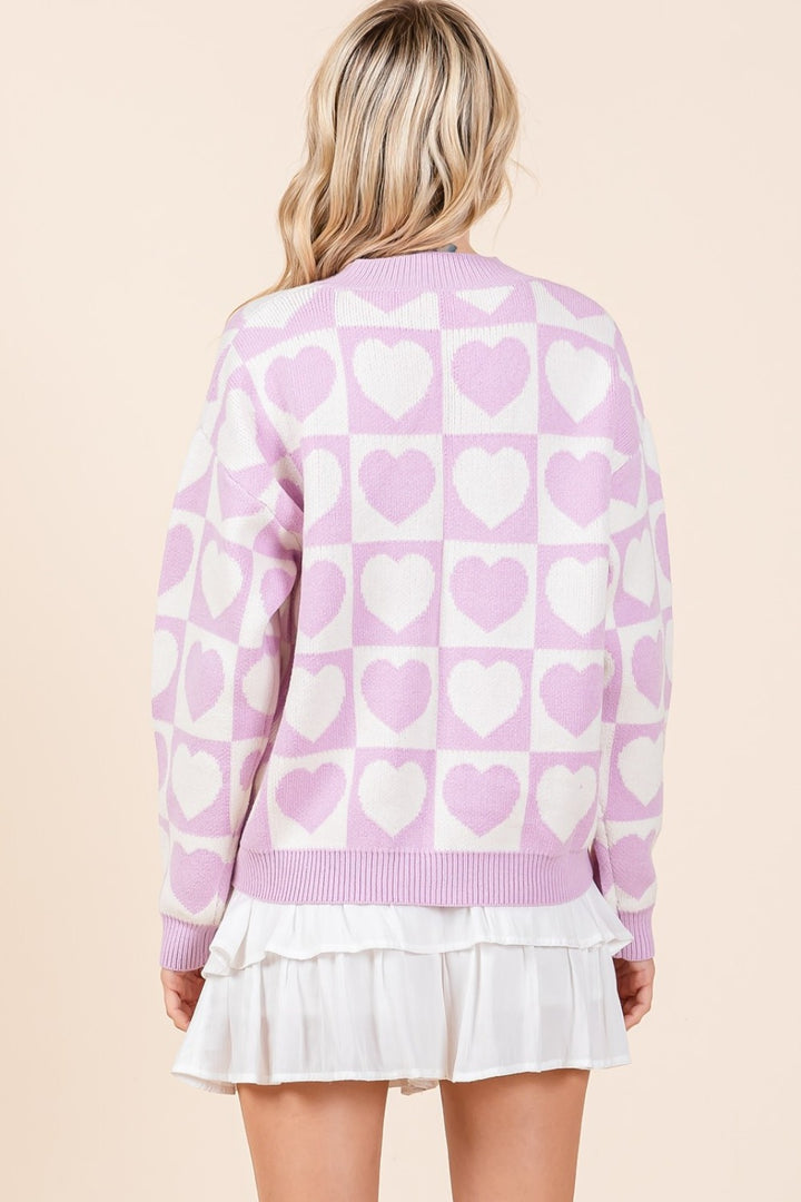 Checkered Heart Button Down Cardigan In Lilac