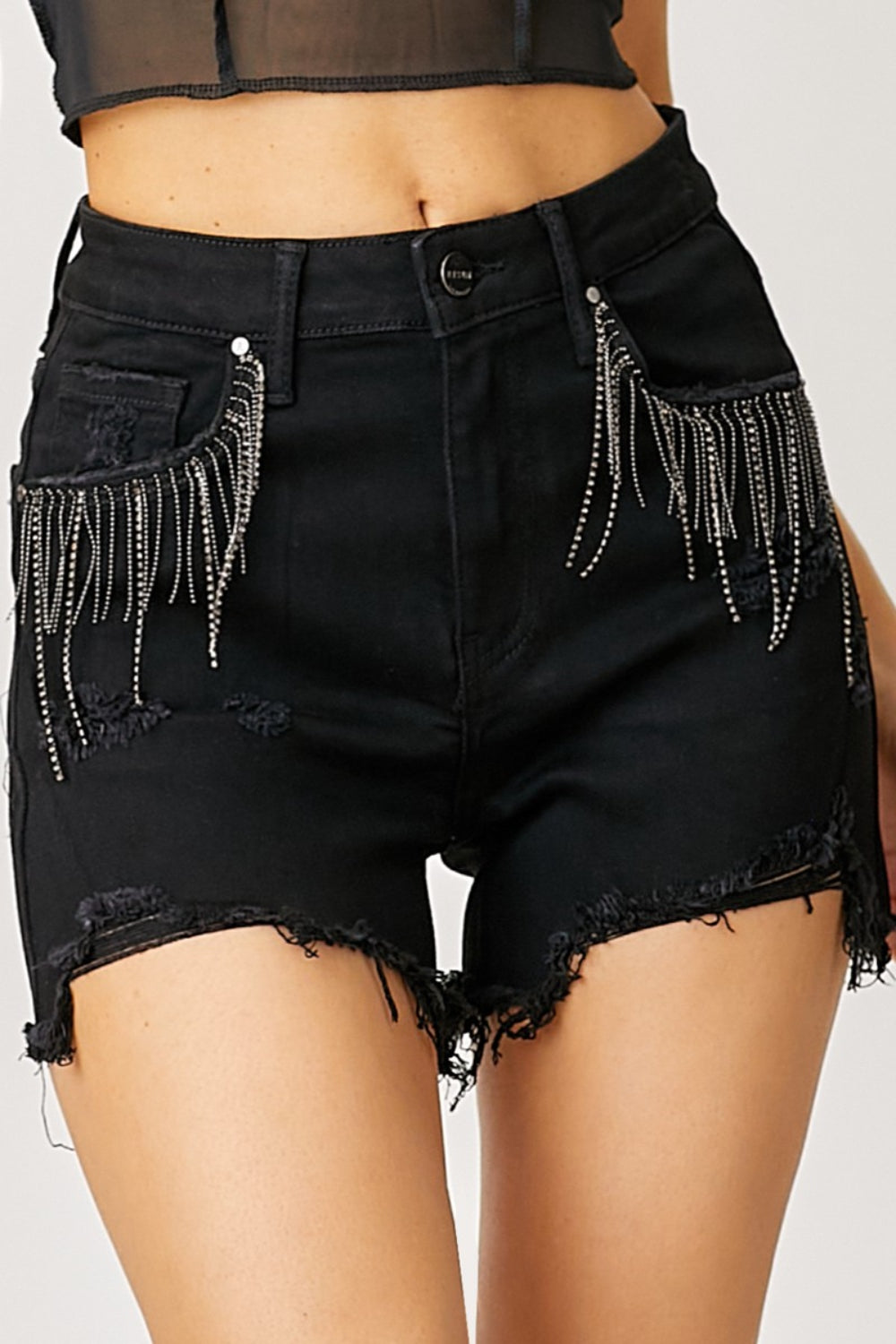 Frayed Hem Detail Denim Shorts in Black