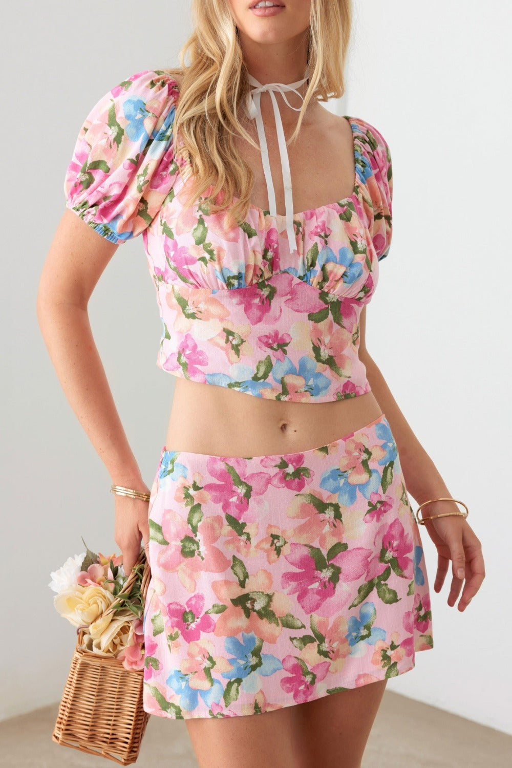 Floral Puff Sleeve Crop Top and Mini Skirt Set in Pink