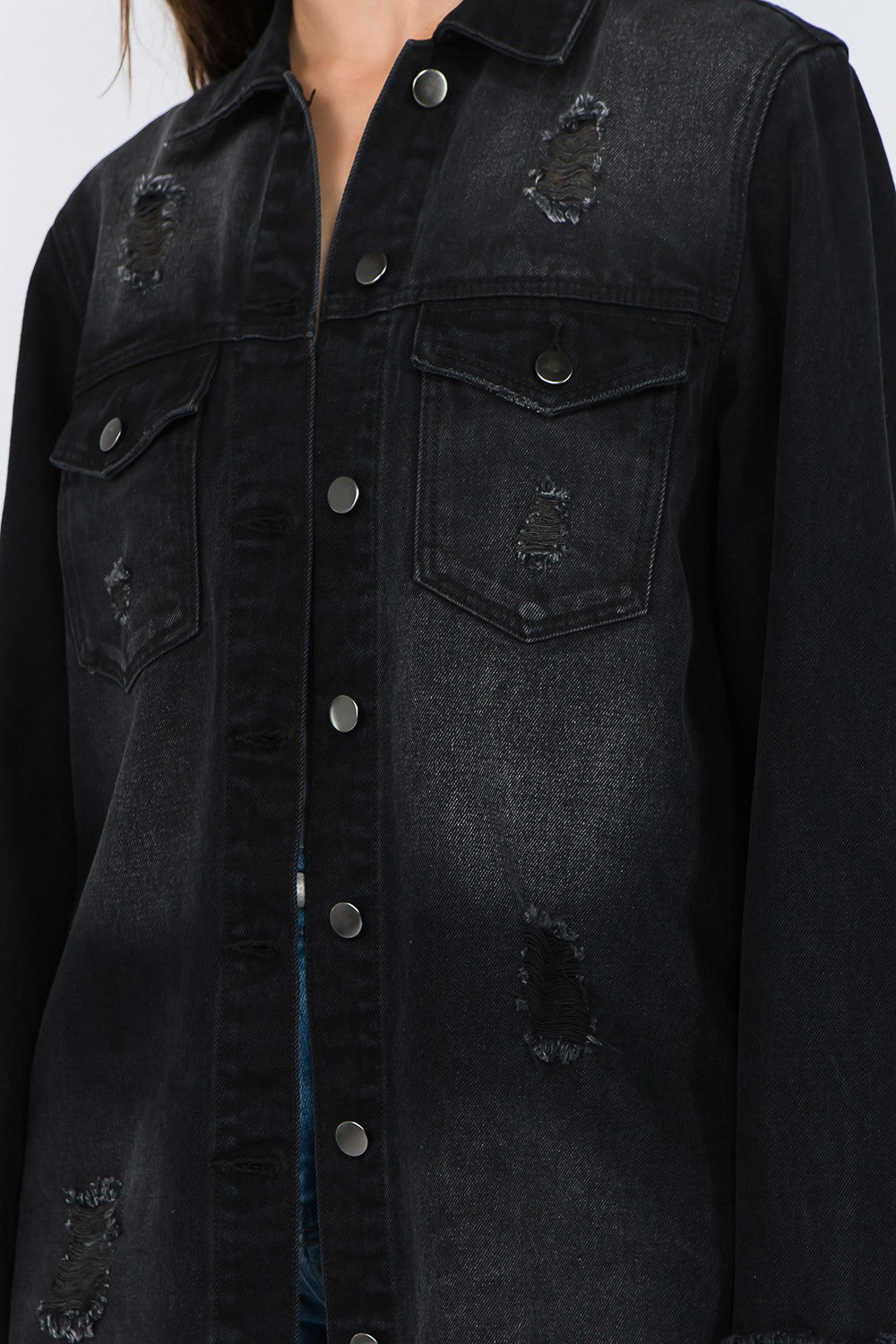 Distressed Frayed Hem Denim Jacket In Black