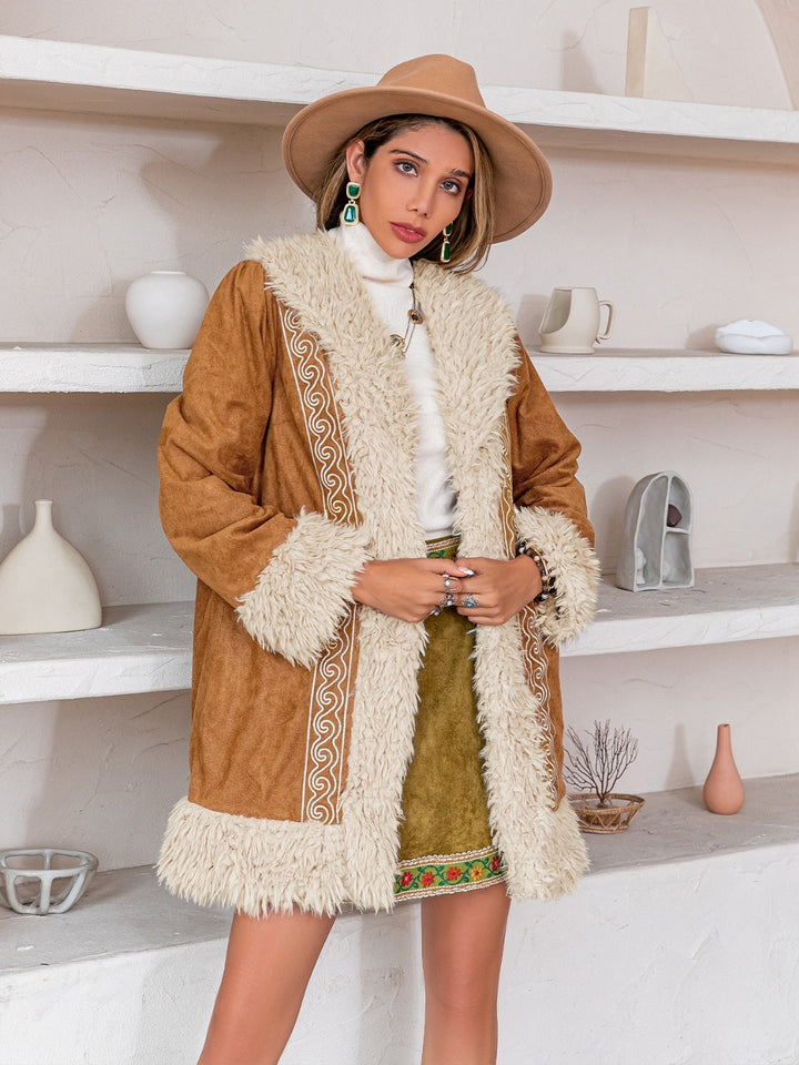 Fuzzy Open Long Outerwear in Caramel