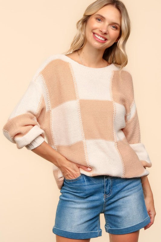 Checkered Drop Shoulder Sweater in Apricot