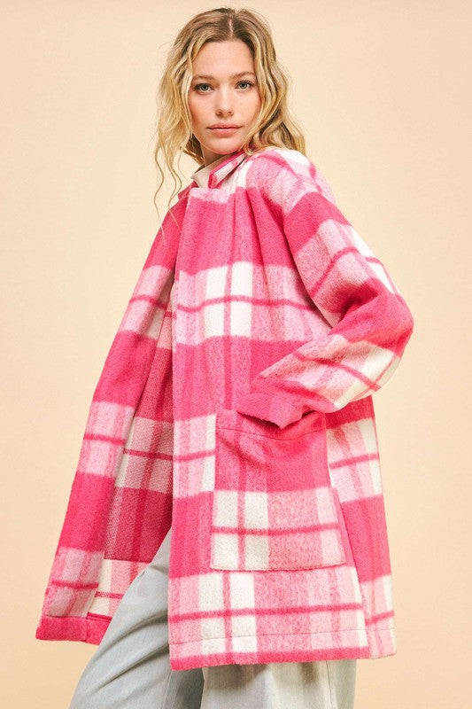 Plaid Open Front Longline Coat In Hot Pink