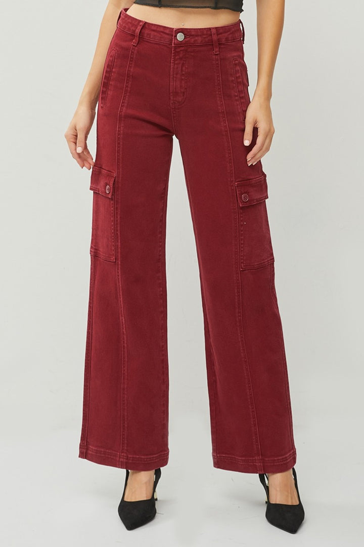 High Rise Wide Leg Cargo Jeans In Wine Red