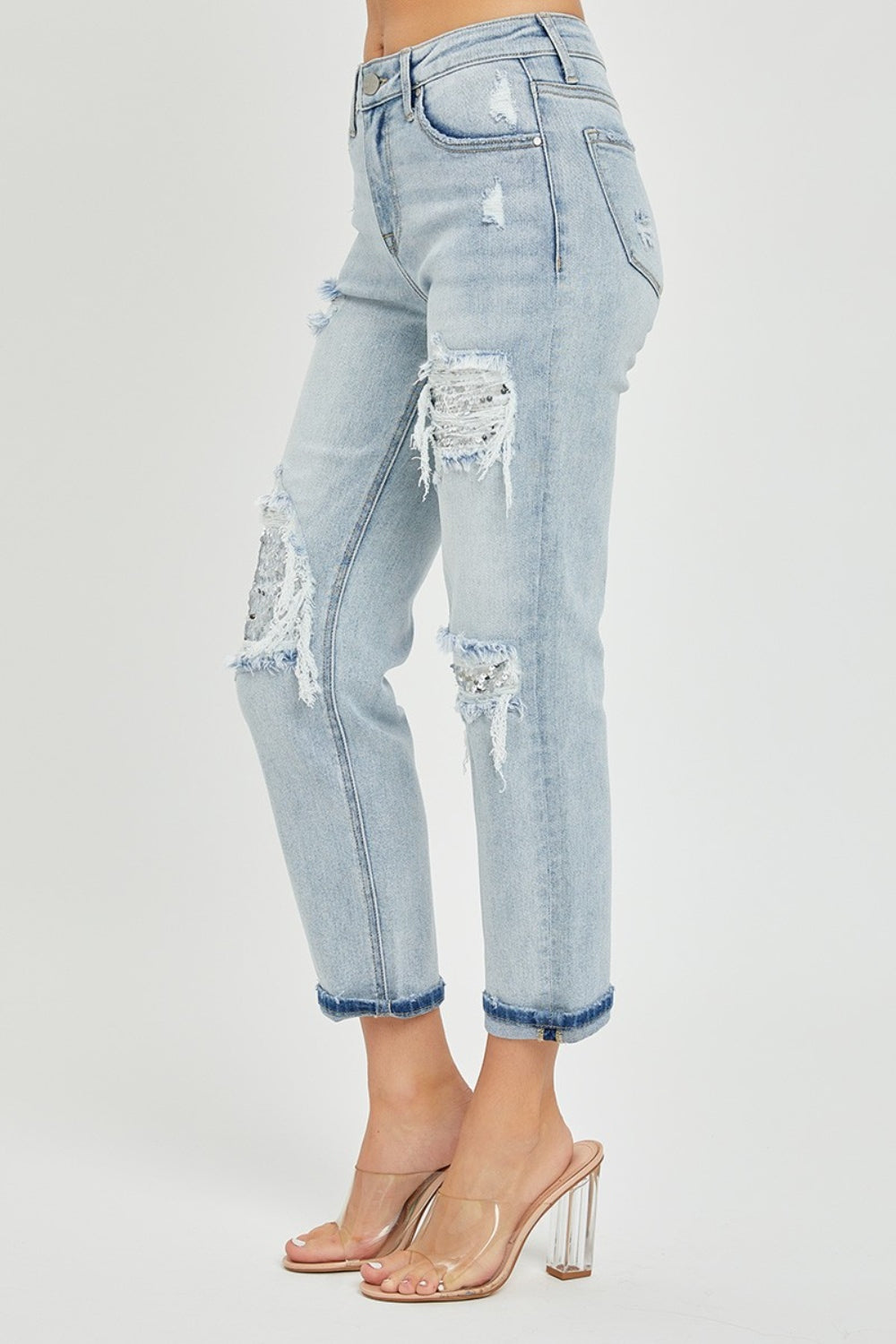 Mid-Rise Sequin Patched Jeans