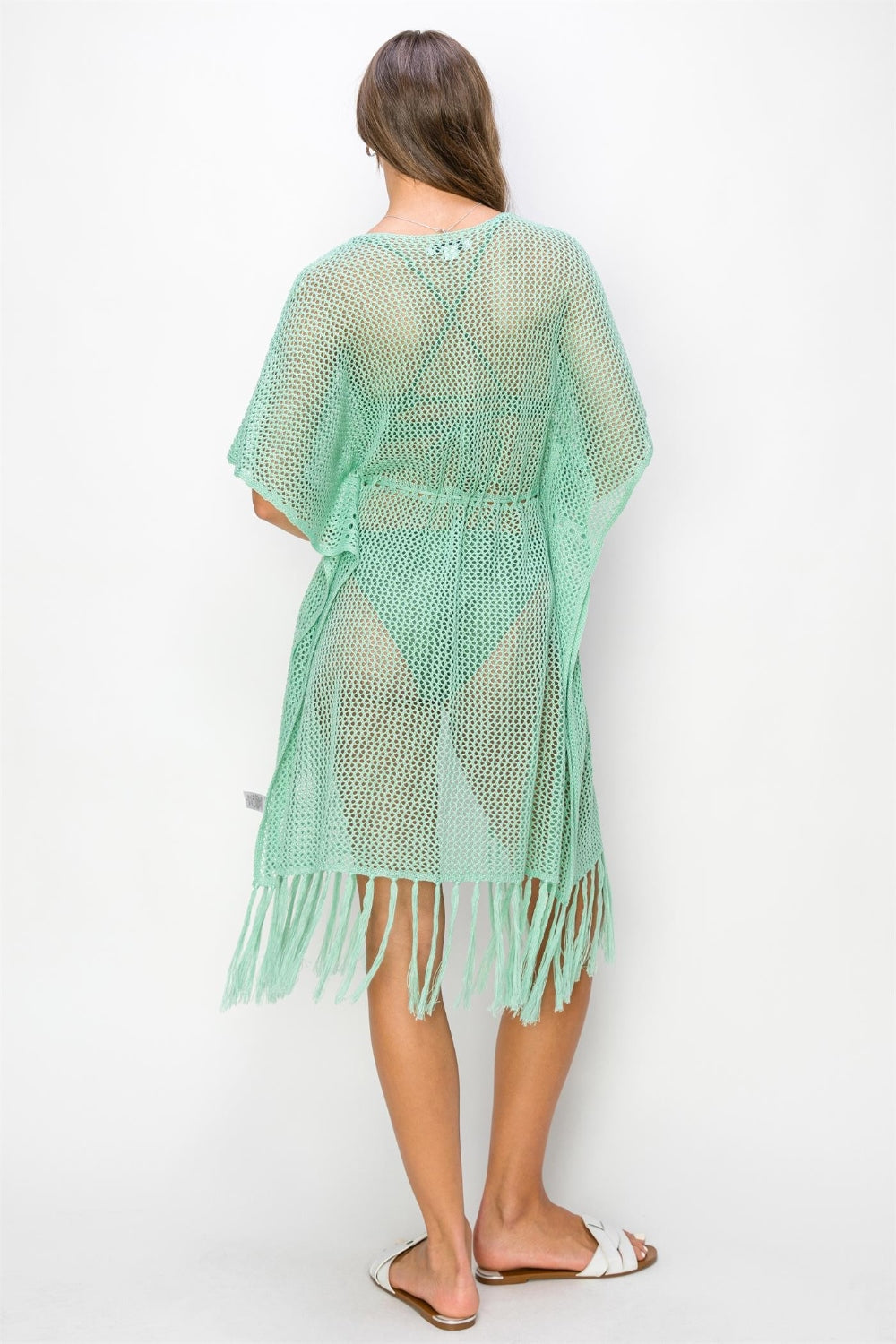 Drawstring Waist Fringed Hem Cover Up In Mint