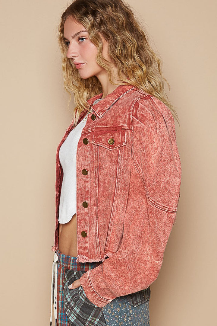 Raw Hem Cropped Denim Jacket In Red