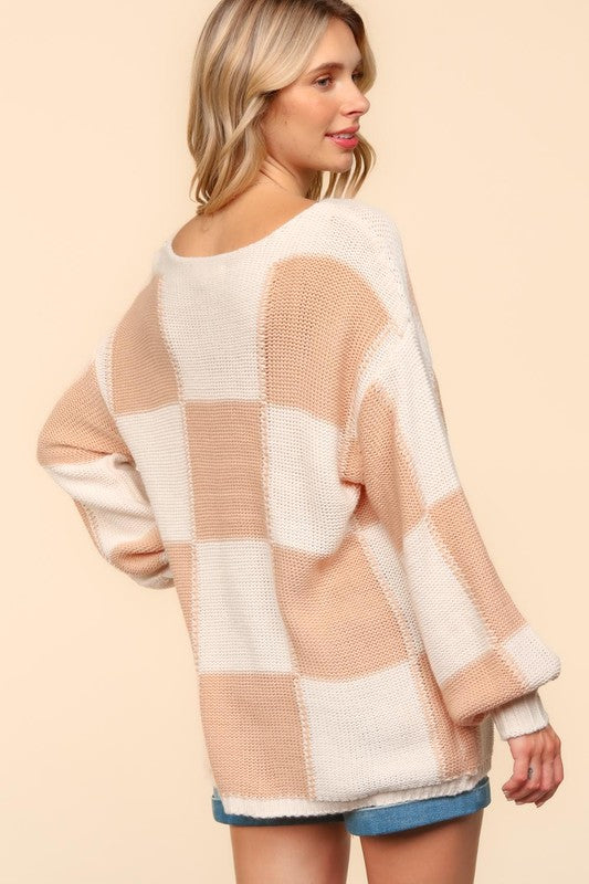 Checkered Drop Shoulder Sweater in Apricot