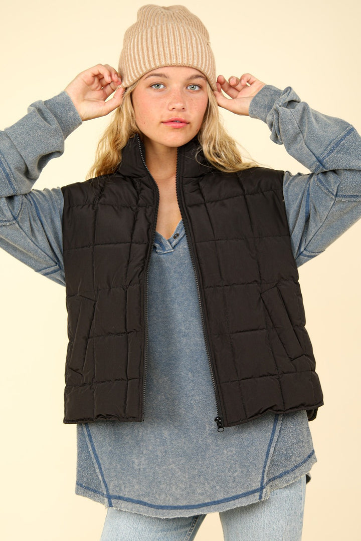 Zip Up Puffer Padded Vest in Black