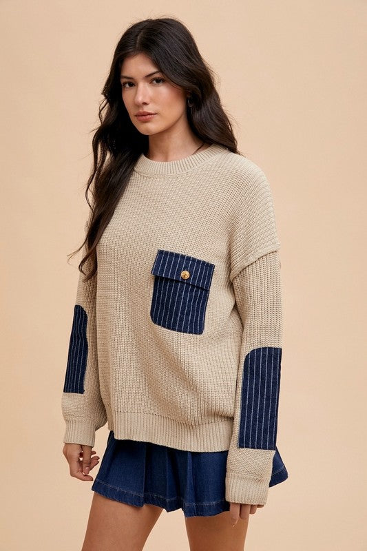 Contrast Sweater with Patch Pocket in Khaki