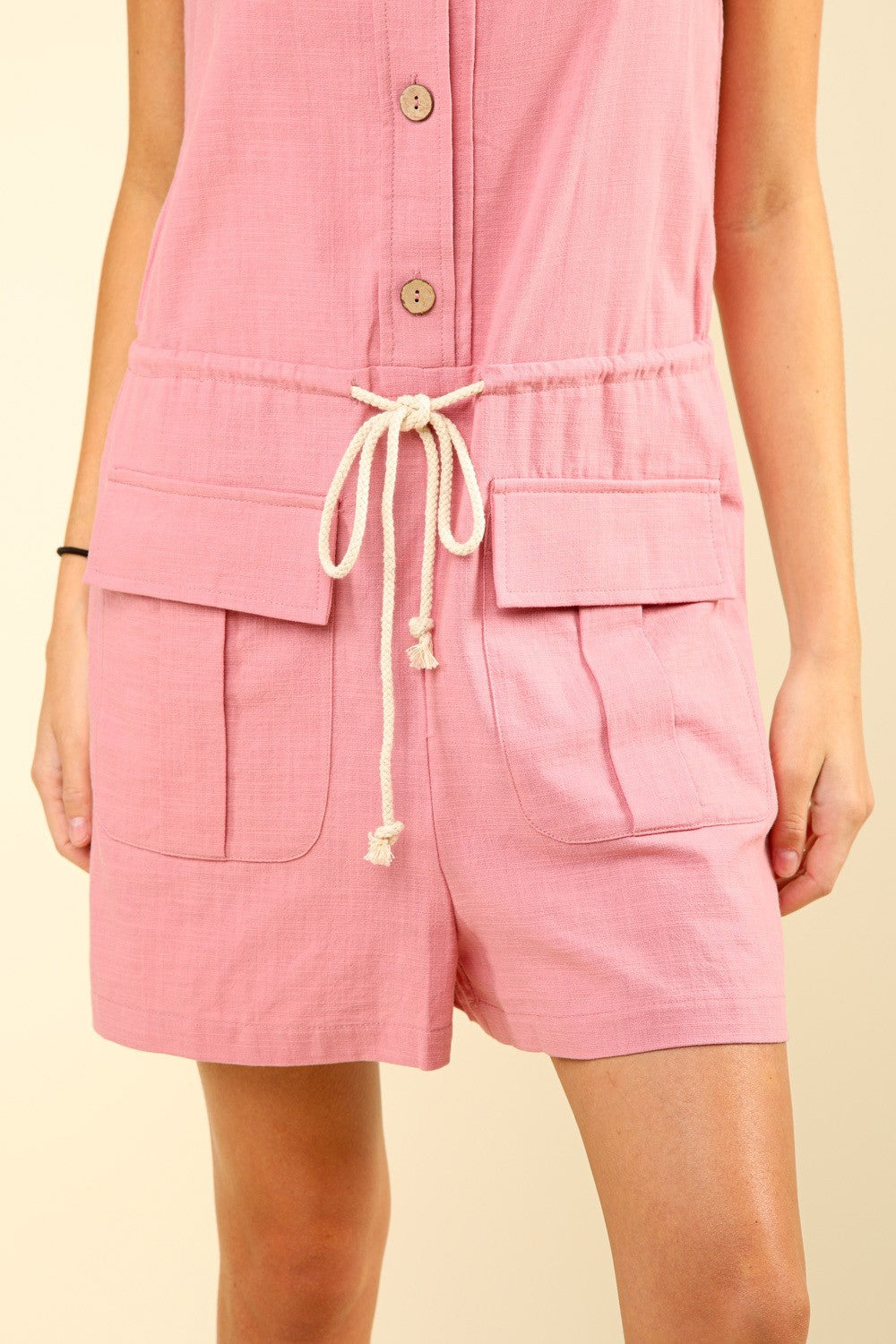 Drawstring Sleeveless Romper in Blush