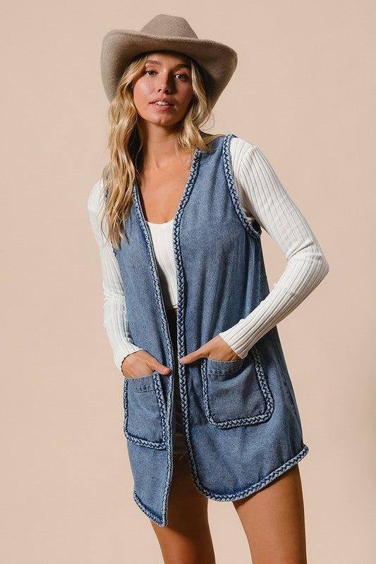 Trim Open Front Denim Vest with Pockets