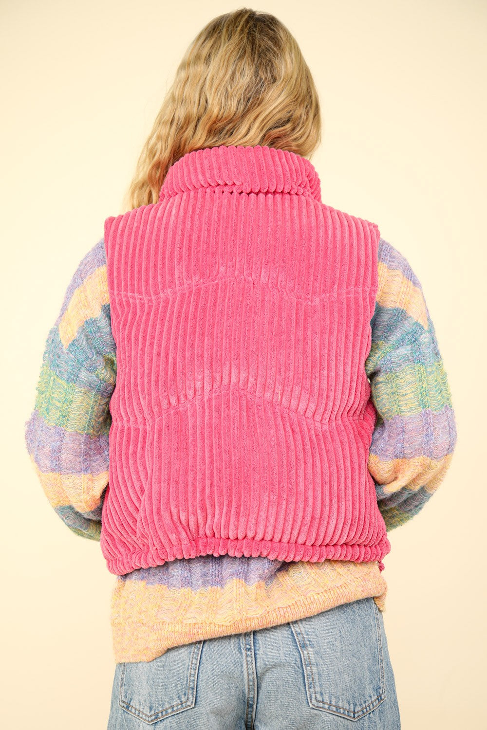 Zip Up Corduroy Puffer Vest in Pink