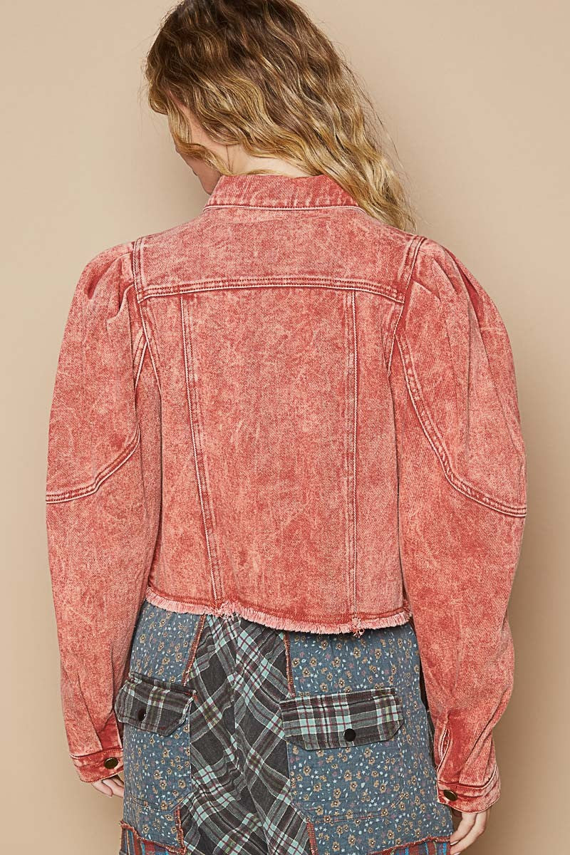 Raw Hem Cropped Denim Jacket In Red