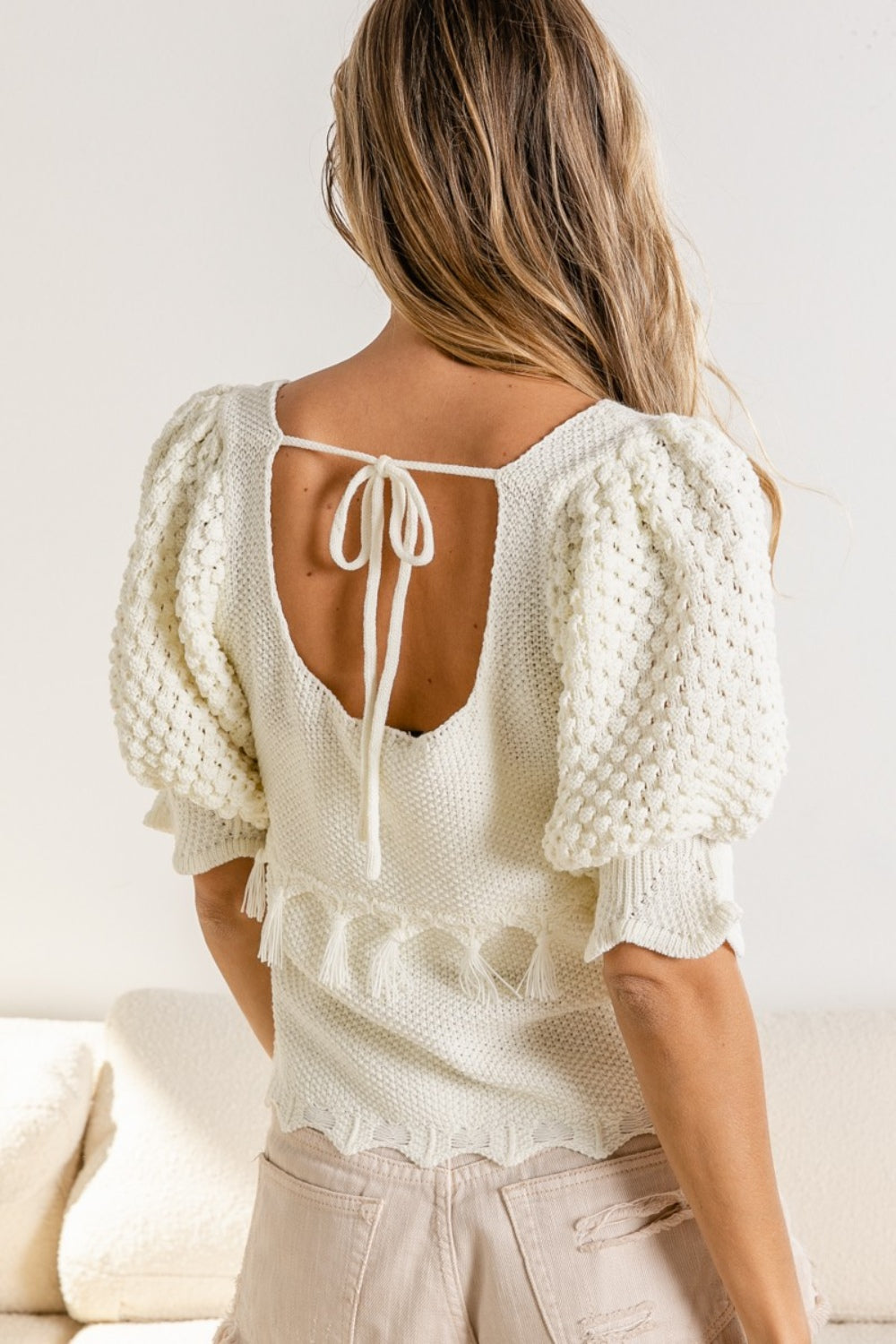 Tassel Square Neck Sweater in Ivory