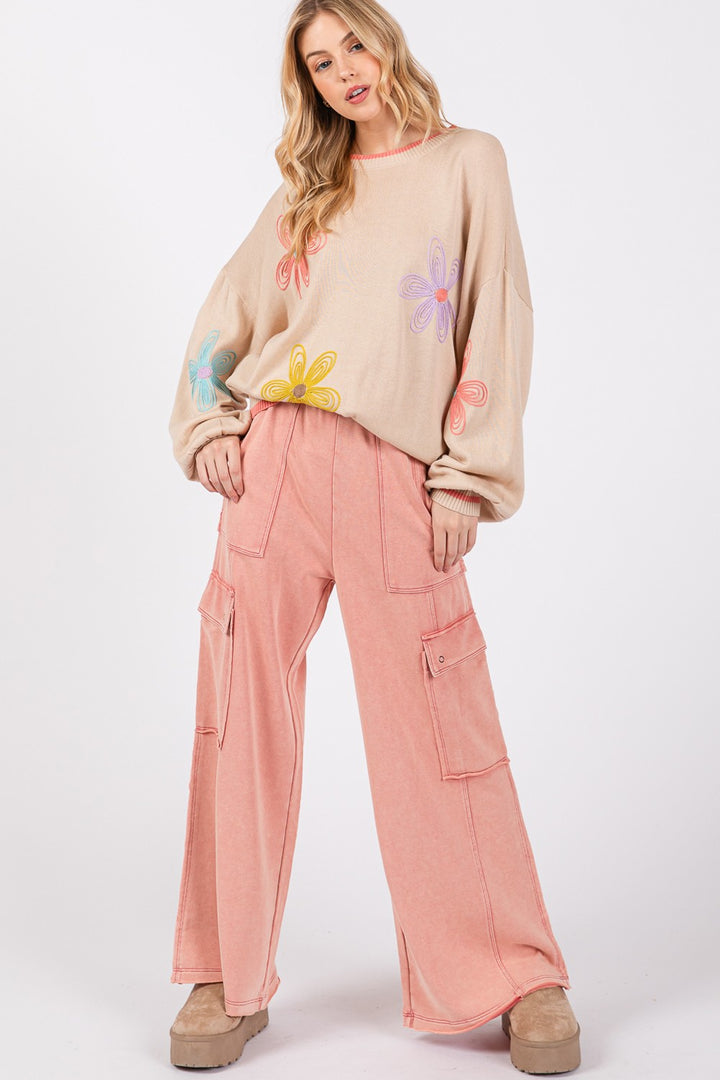 Mineral Wash Wide Leg Pants In Rose