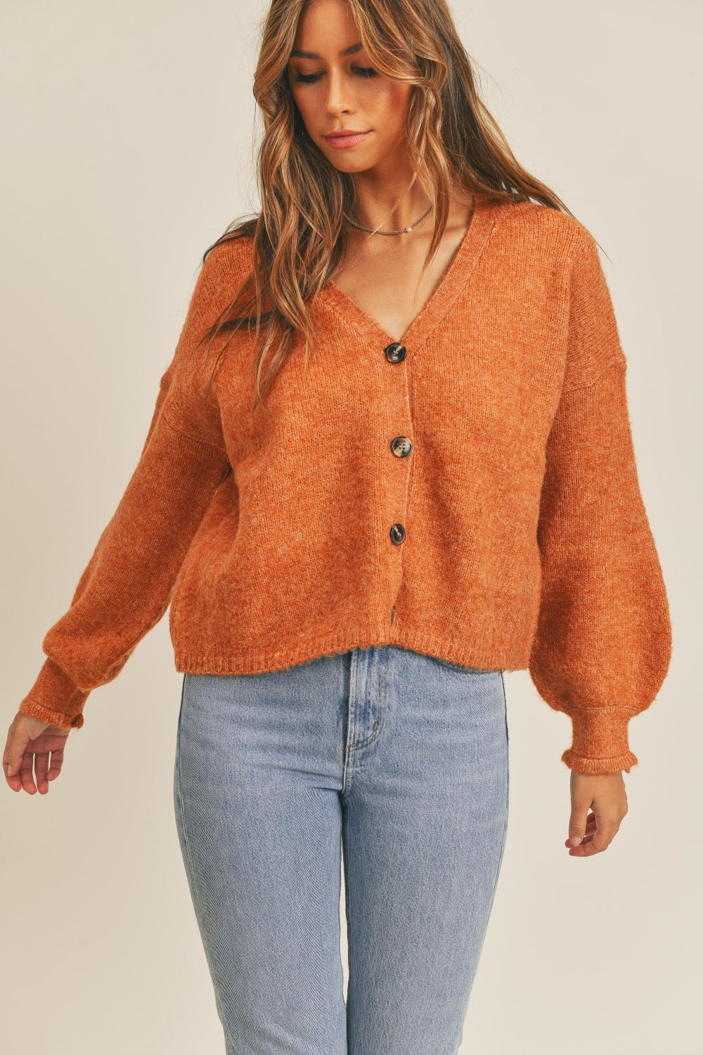 Long Sleeve Button Down Sweater in Rust