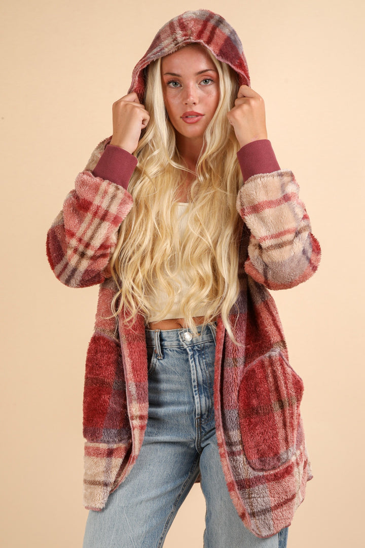 Fuzzy Plaid Hooded Jacket