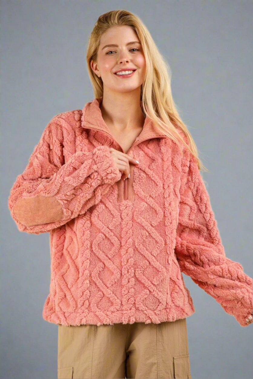 Fuzzy Fleece Half Zip Sweatshirt in Blush