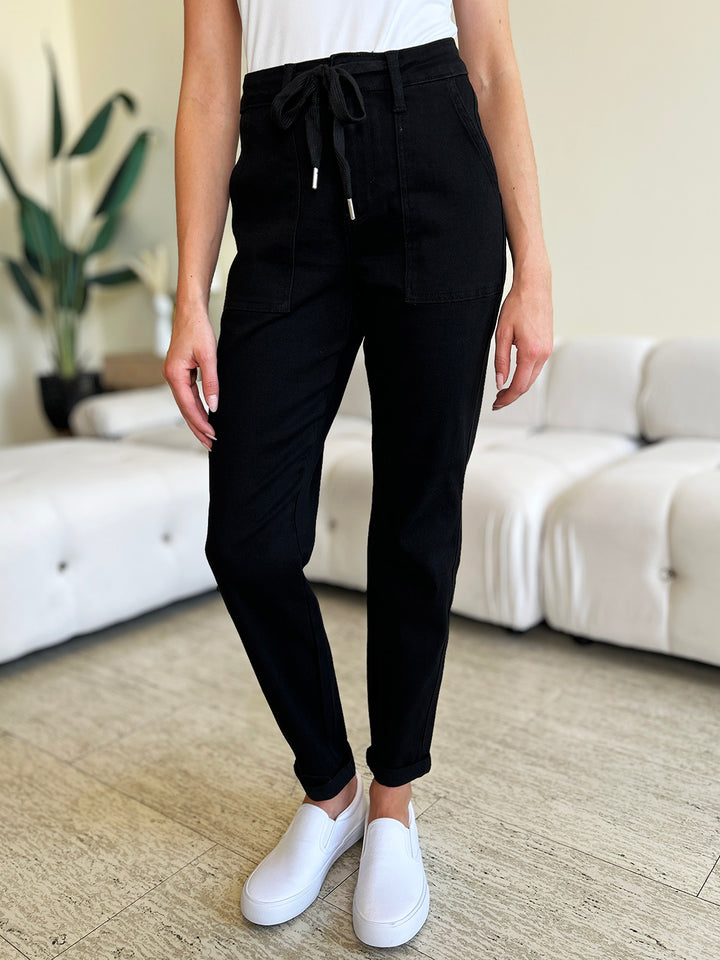 High Waist Double Roll Cuff Pants In Black