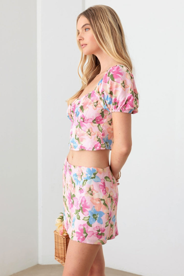 Floral Puff Sleeve Crop Top and Mini Skirt Set in Pink