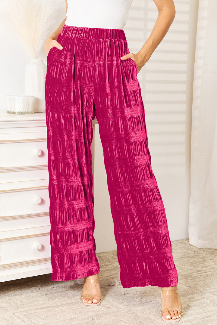 High Waist Velvet Wide Leg Pants In Hot Pink