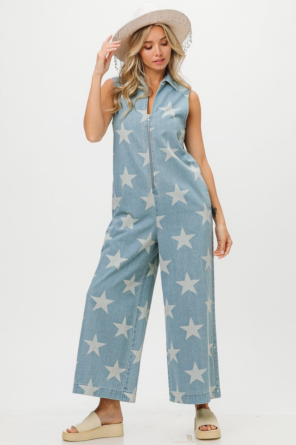 Star Print Sleeveless Denim Jumpsuit