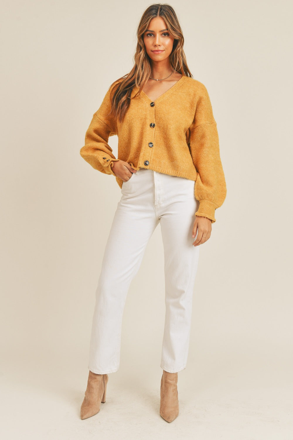 Long Sleeve Button Down Sweater in Mustard