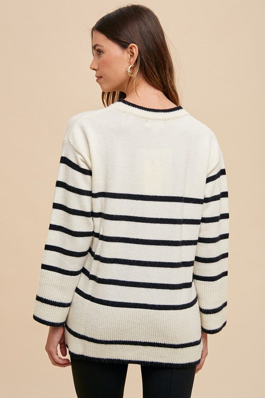 Side Slit Striped Round Neck Sweater in Ivory