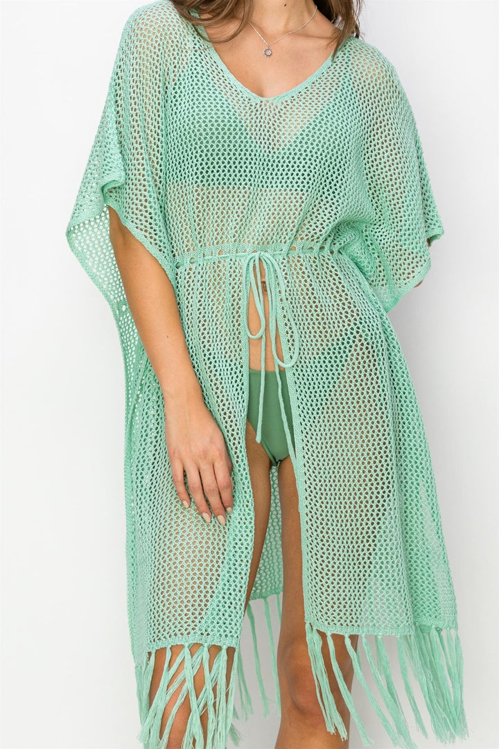 Drawstring Waist Fringed Hem Cover Up In Mint