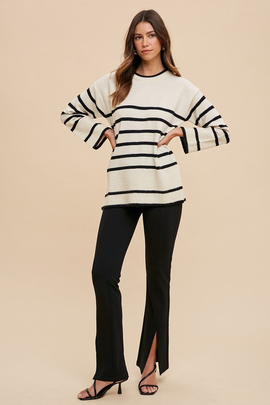 Side Slit Striped Round Neck Sweater in Ivory