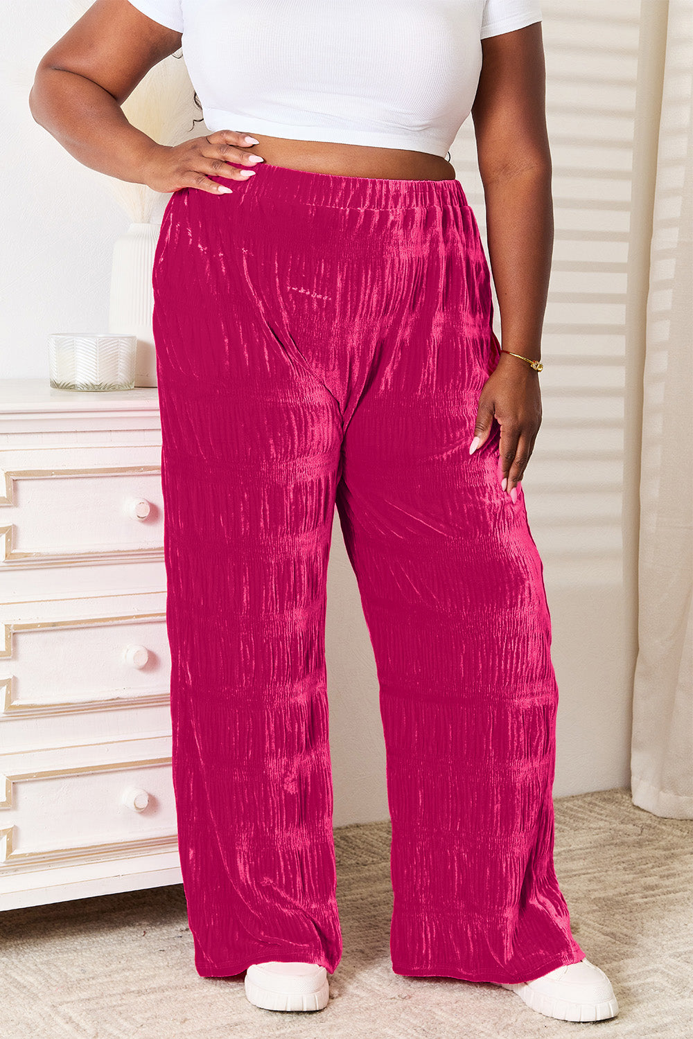 High Waist Velvet Wide Leg Pants In Hot Pink