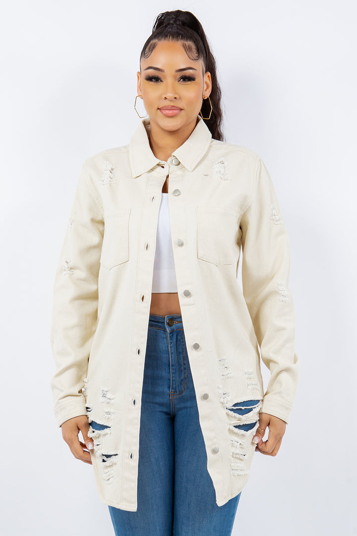 Distressed Denim Jacket In Ivory