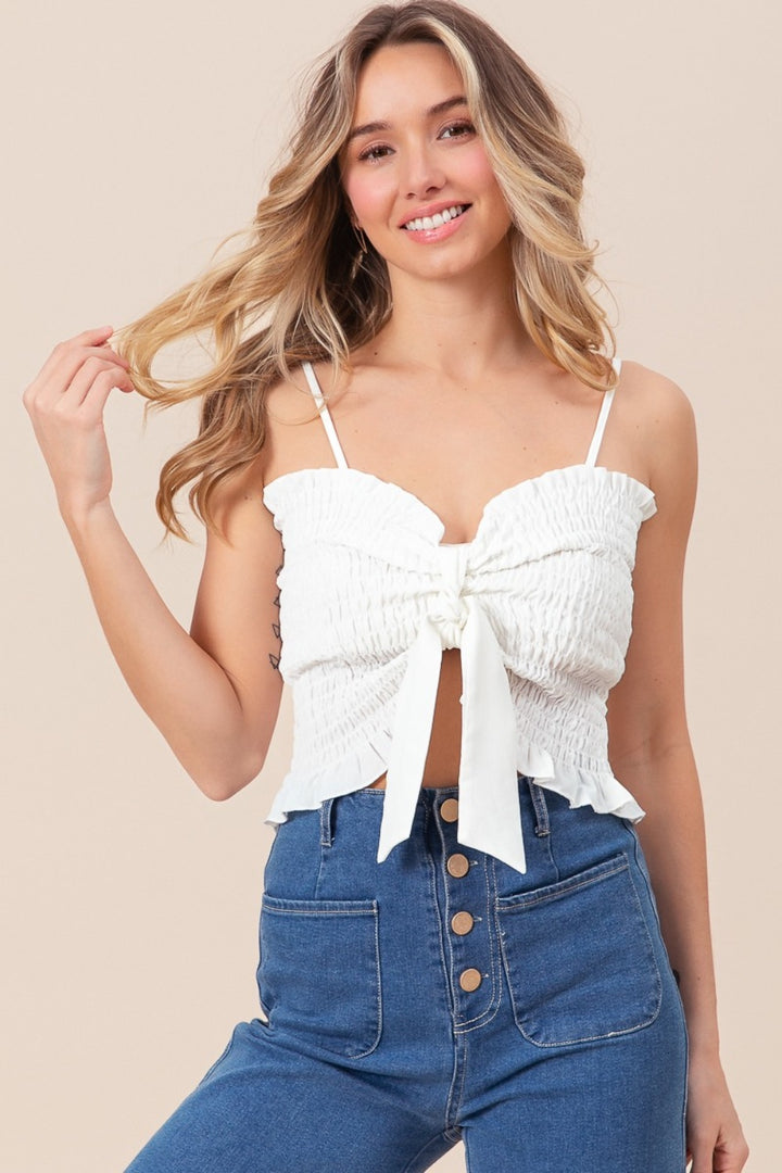 Ruffled Smocked Ribbon Detail Cami in Off White