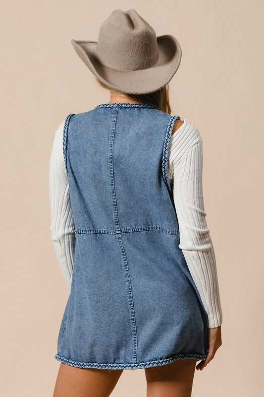 Trim Open Front Denim Vest with Pockets