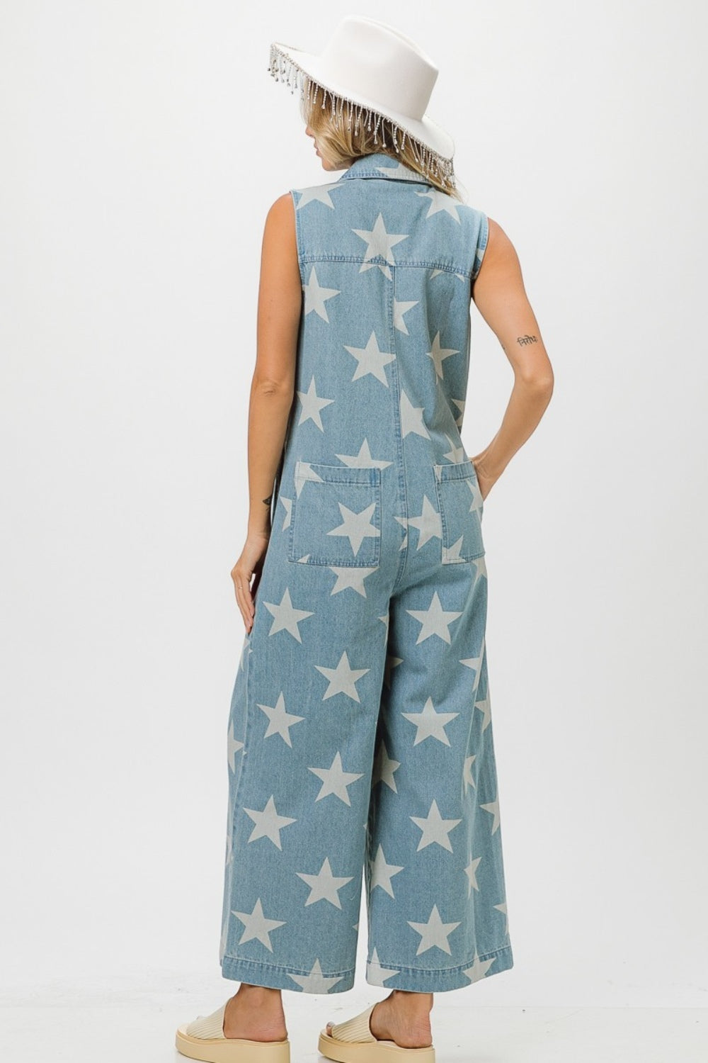 Star Print Sleeveless Denim Jumpsuit