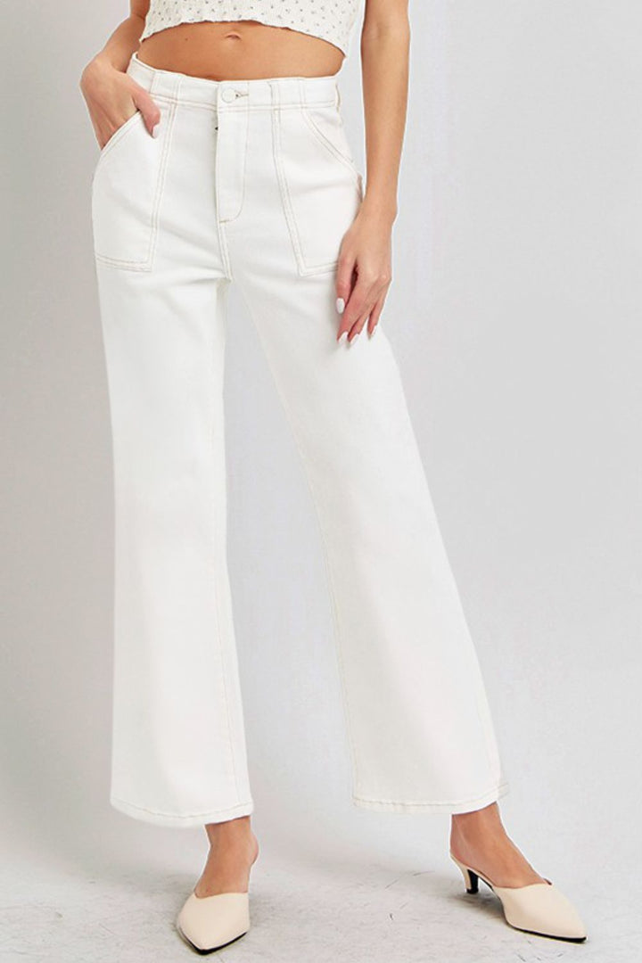 High Rise Ankle Flare Jeans In Cream