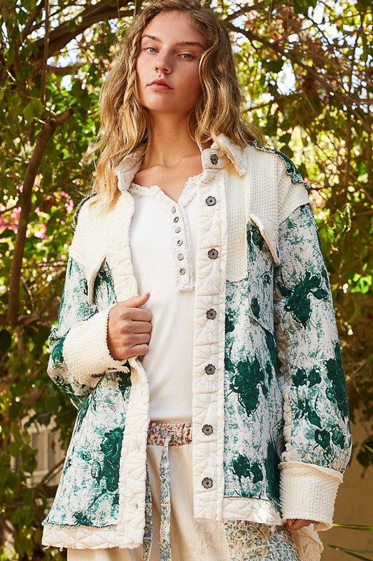 Jacquard Patch Quilted Jacket in Ocean Green