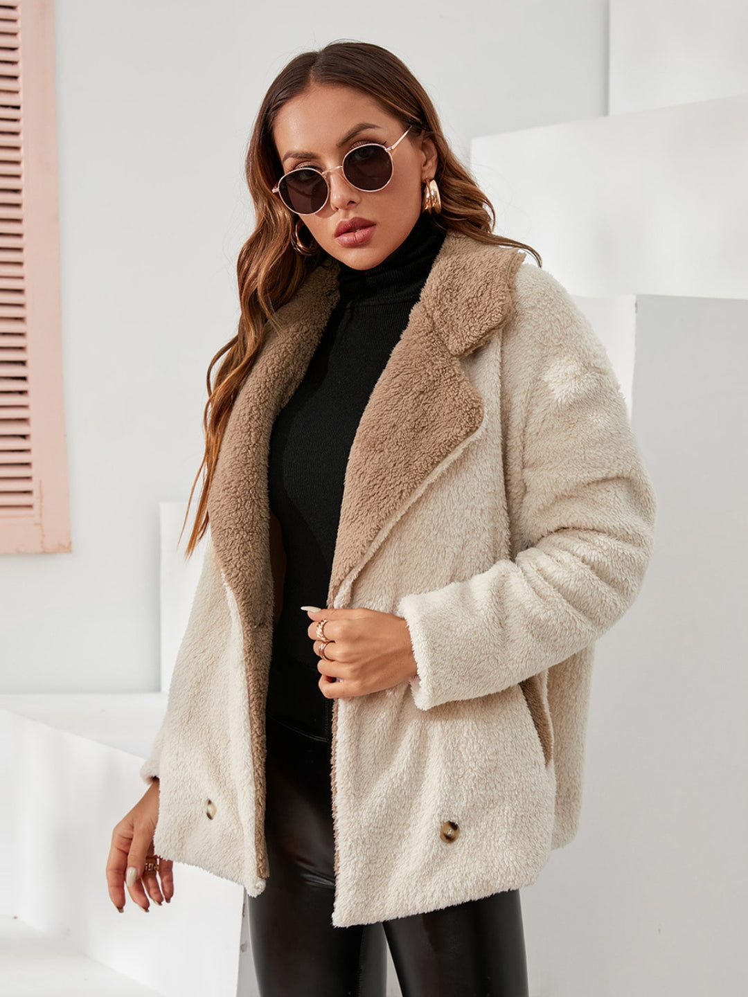 Fuzzy Button Up Coat in Tan