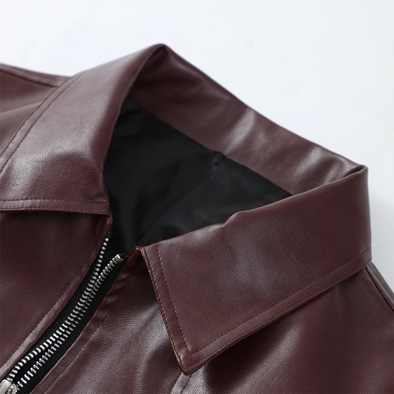 Vintage Lapel Leather Jacket in Burgundy