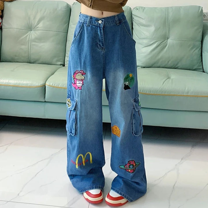 Cartoon Embroidered Baggy Cargo Jeans