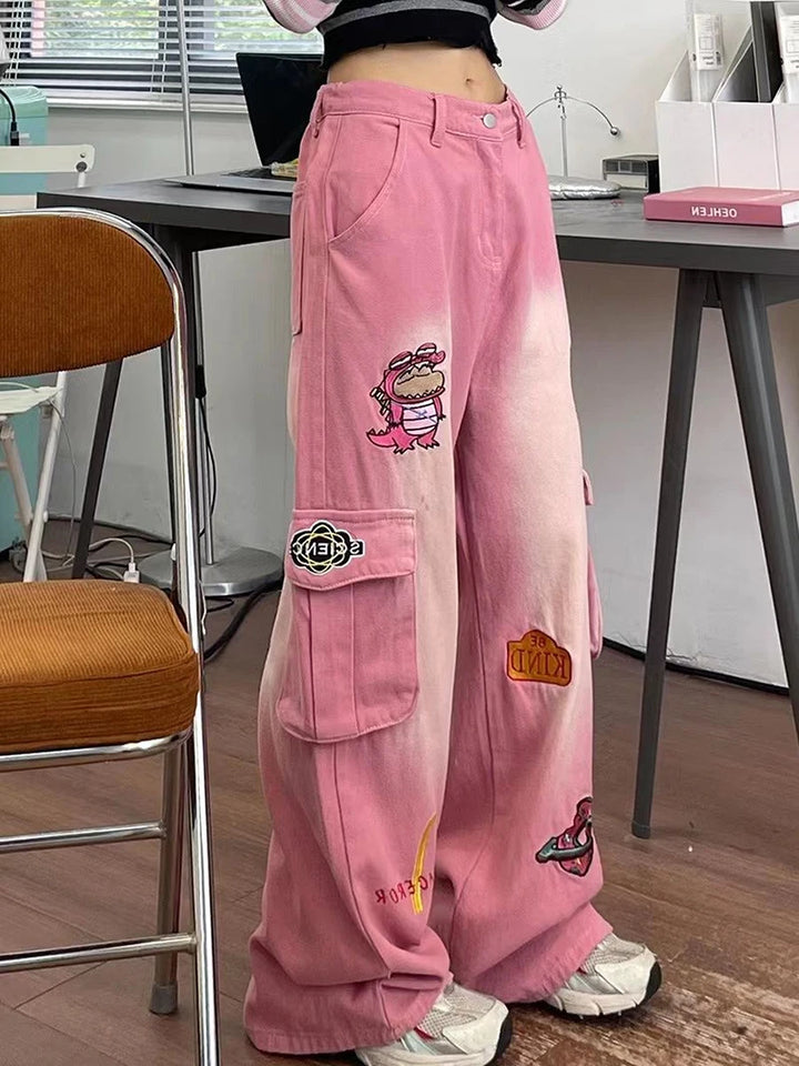 Cartoon Embroidered Baggy Cargo Jeans