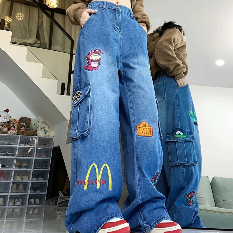 Cartoon Embroidered Baggy Cargo Jeans